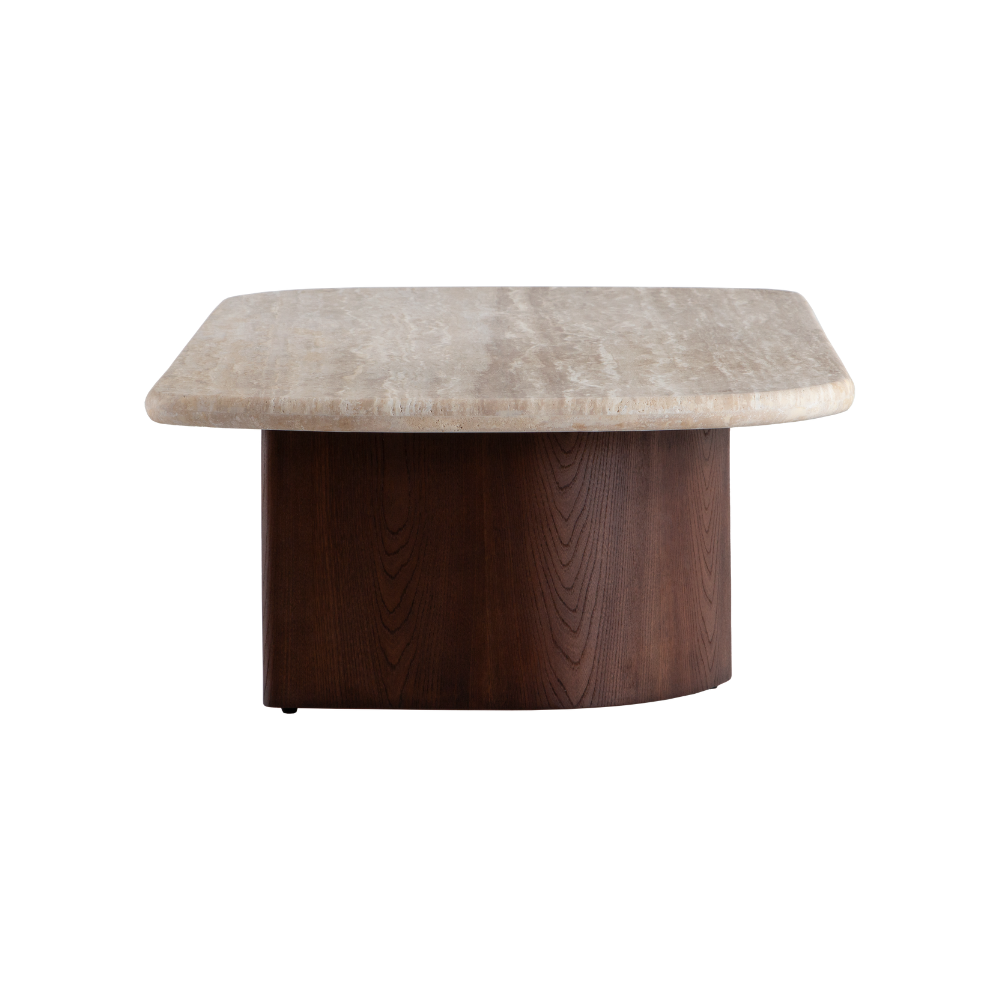 Designer coffee table combining natural travertine and solid wood for a modern, grounded look.