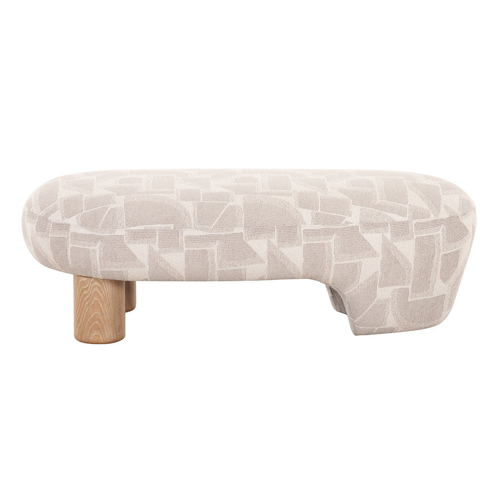 Contemporary bench with unique shape and patterned upholstery, featuring two light timber legs for a stylish and functional accent in living spaces.