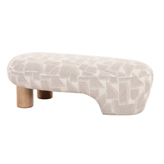 Designer bench with eye-catching patterned fabric and asymmetric timber legs, perfect for entryways, lounges, or modern interiors.