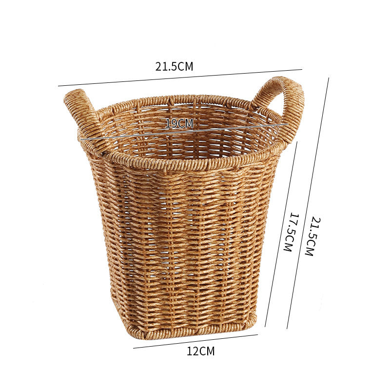 Small convex plastic rattan-style storage basket with handles, perfect for organizing accessories, toiletries, or compact items in the home.