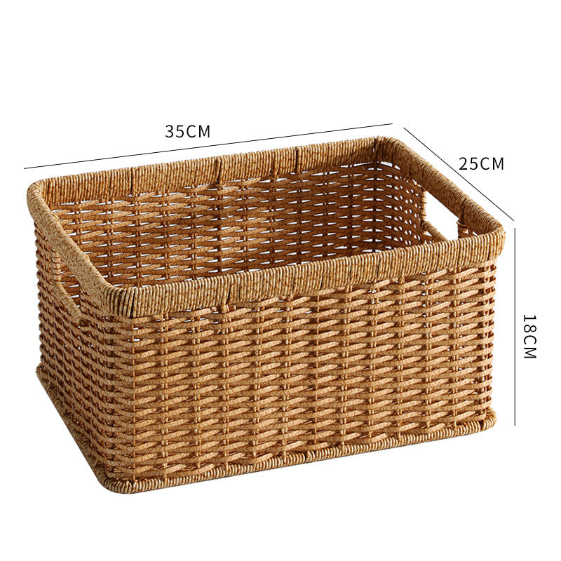 Small rectangular plastic rattan storage basket with sturdy handles, ideal for toiletries, accessories, or small household items.