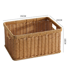 Small rectangular plastic rattan storage basket with sturdy handles, ideal for toiletries, accessories, or small household items.