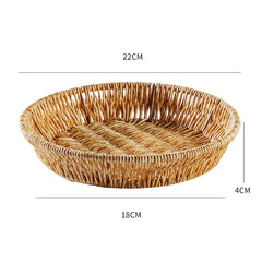 Small round plate-style plastic rattan basket, ideal for toiletries, jewelry, or small decorative accents.