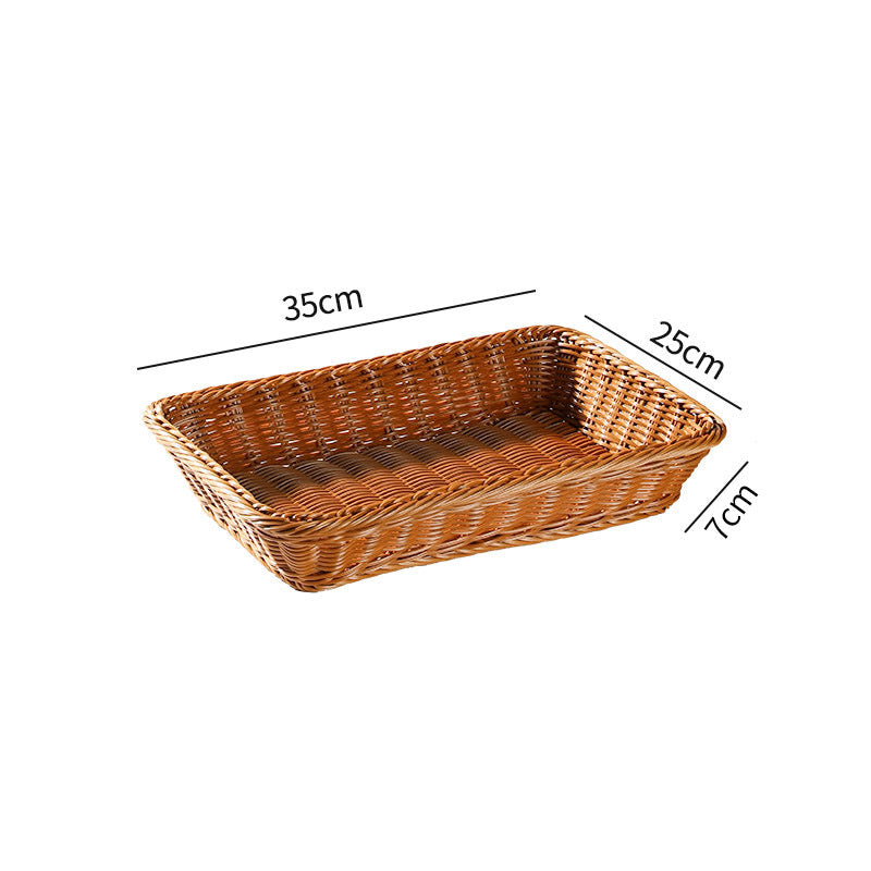 Small shallow rectangular plastic rattan storage basket, ideal for organizing toiletries, kitchen items, or office supplies.