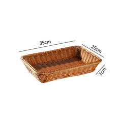 Small shallow rectangular plastic rattan storage basket, ideal for organizing toiletries, kitchen items, or office supplies.
