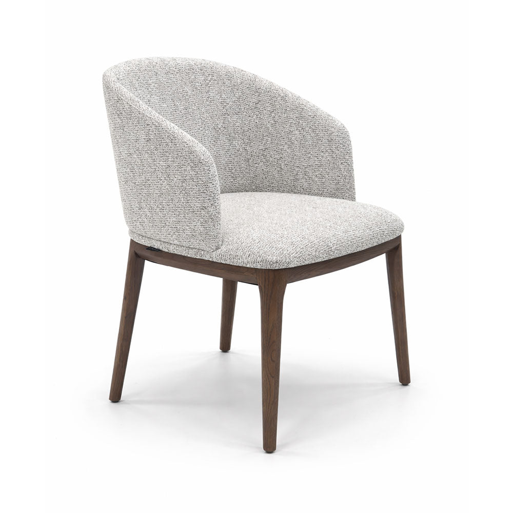Designer grey fabric dining chair with curved tub back and light ash timber legs, perfect for contemporary kitchens and dining rooms.