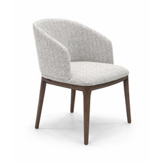 Designer grey fabric dining chair with curved tub back and light ash timber legs, perfect for contemporary kitchens and dining rooms.