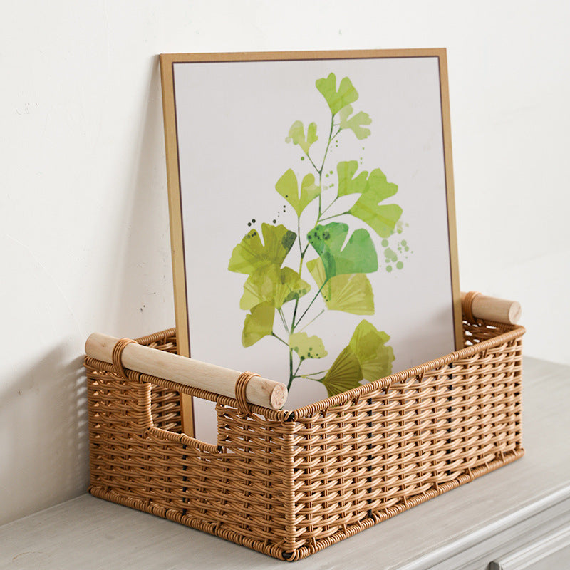 Sophisticated home storage basket with solid wood handles, ideal for storing toiletries, accessories, or decorative items.