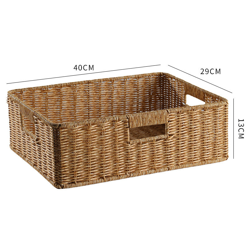 Sophisticated rectangular storage box with handle, crafted from durable plastic rattan for practical and decorative use.