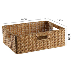 Sophisticated rectangular storage box with handle, crafted from durable plastic rattan for practical and decorative use.