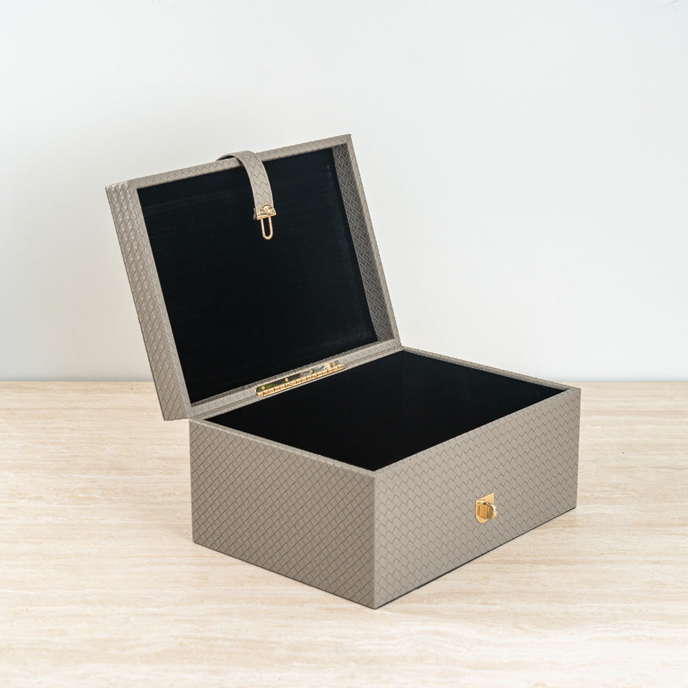 Modern multi-purpose storage box for accessories, documents, or keepsakes.