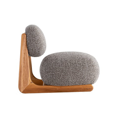 Stylish curved accent chair with premium cotton linen upholstery and natural Elm wood detailing for modern interiors.