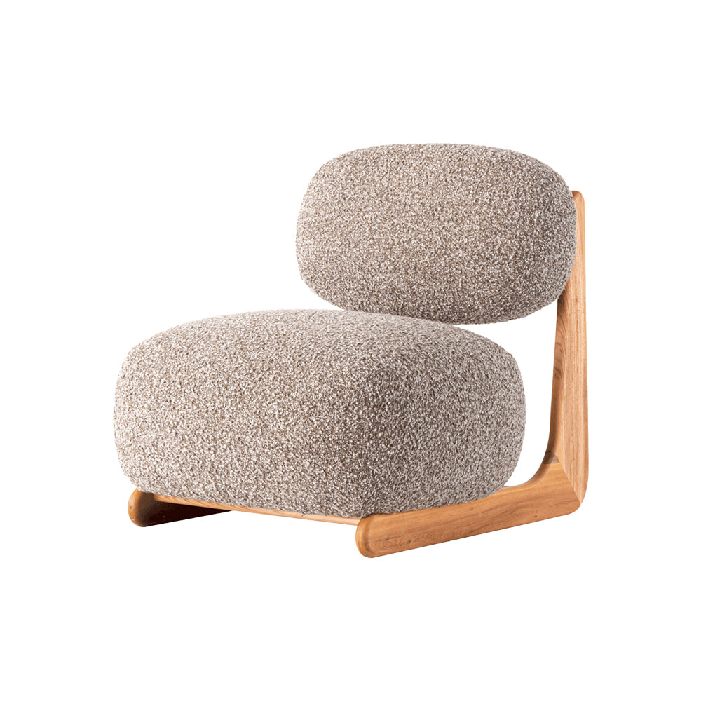 Contemporary designer lounge chair featuring plush cotton linen fabric and elegant Elm wood accents.