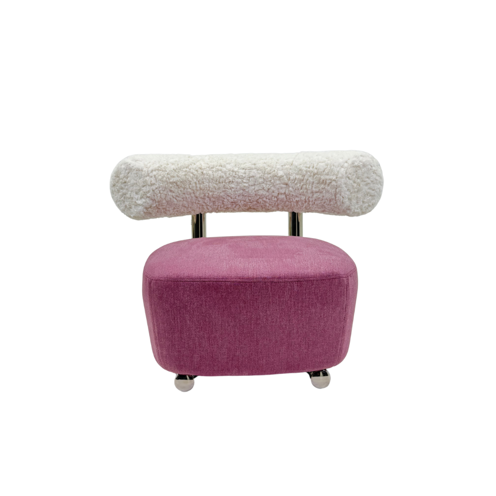 Modern beige accent chair with teal sherpa backrest and polished stainless steel legs on a pure white background.