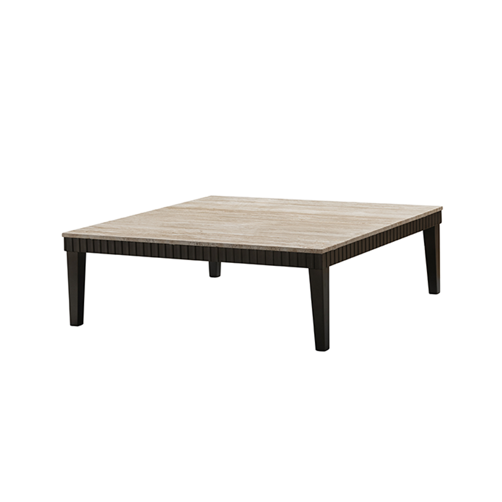 Designer coffee table with travertine stone top, a statement accent combining natural artistry and modern design.