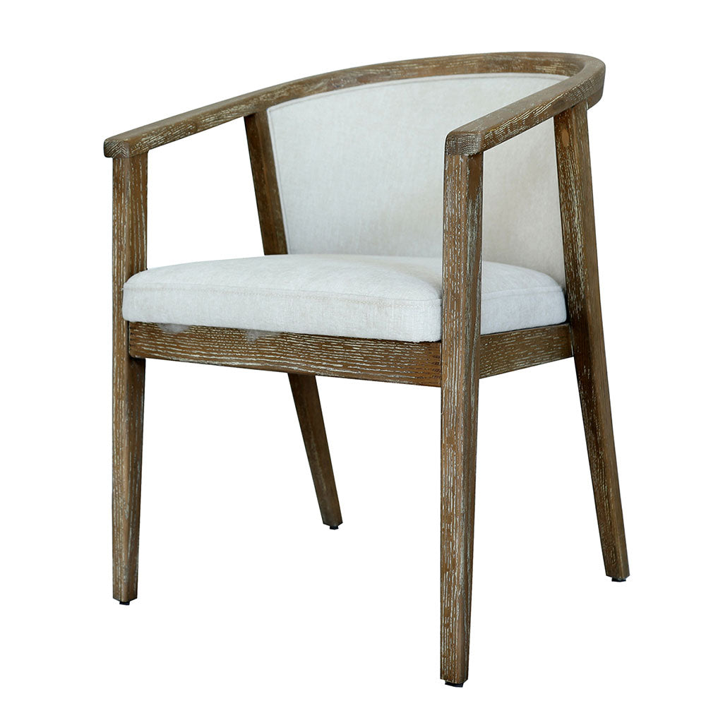 Tilda Dining Chair featuring solid rubberwood frame and arms, natural rattan back accent, cushioned seat with polyester-acrylic fabric and silk underlay, offering classic, traditional, and country-style elegance.