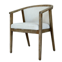 Tilda Dining Chair featuring solid rubberwood frame and arms, natural rattan back accent, cushioned seat with polyester-acrylic fabric and silk underlay, offering classic, traditional, and country-style elegance.