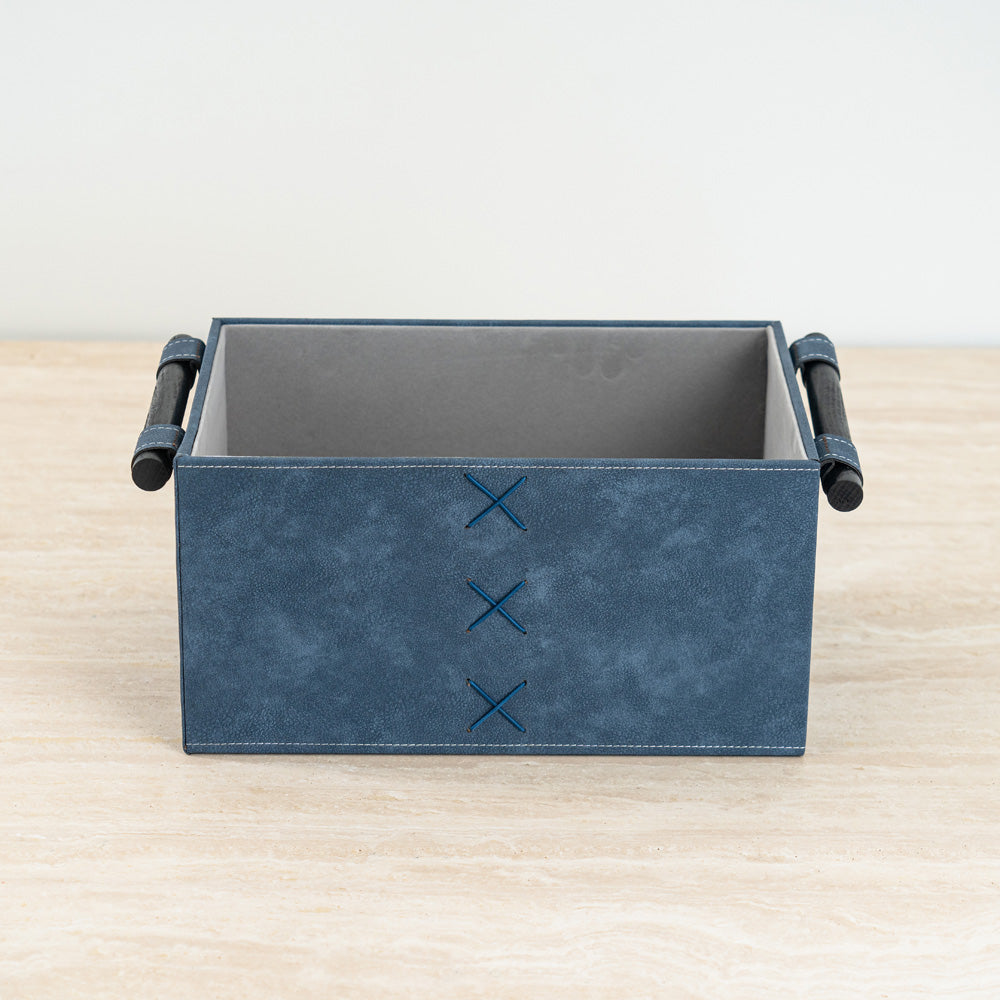 Toy and accessory storage box with elegant navy and cream color tones.
