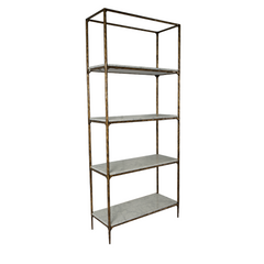 Vanne Marble Shelf featuring four white marble shelves with subtle veining supported by a wrought iron frame, combining luxury stone elegance with modern design for stylish storage and display in living rooms, offices, or studies.