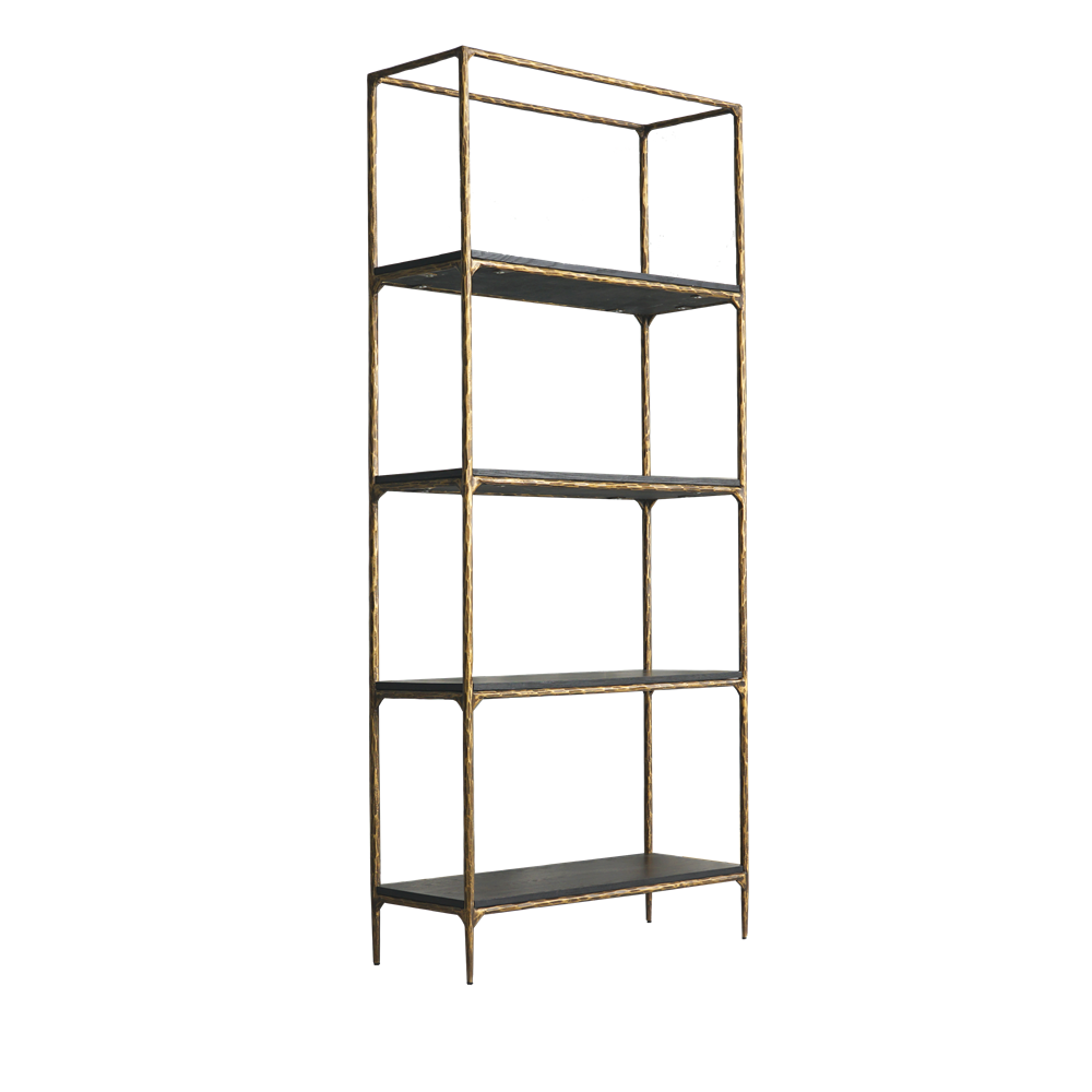 Vanne Wood Shelf featuring four rich ashwood shelves with natural grain patterns, supported by a wrought iron frame, combining rustic charm and luxury design for stylish storage and display in living rooms, studies, or offices.