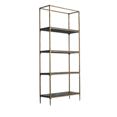Vanne Wood Shelf featuring four rich ashwood shelves with natural grain patterns, supported by a wrought iron frame, combining rustic charm and luxury design for stylish storage and display in living rooms, studies, or offices.
