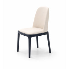 Elegant cream leather dining chair with traditional silhouette and dark timber legs, perfect for contemporary and classic dining rooms.