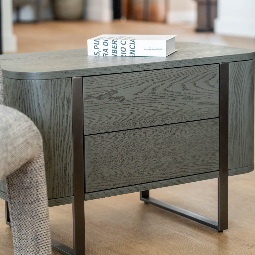 Grey wood veneer bedside side table with modern steel legs and compact design