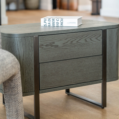 Grey wood veneer bedside side table with modern steel legs and compact design