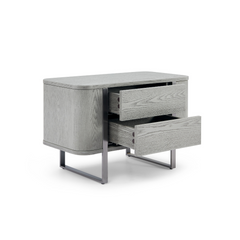 Stylish grey bedside table with wood veneer surface and storage drawers