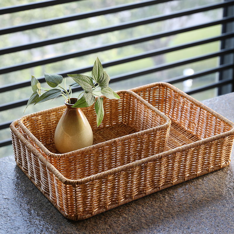 Versatile rectangular rattan-style storage basket, lightweight yet sturdy, suitable for bathroom, kitchen, or living room organization.