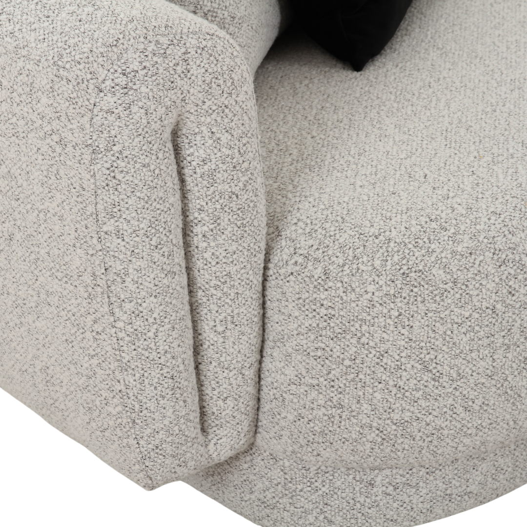Close-up detail of Alborg Grey Boucle Armchair fabric and armrest, textured boucle upholstery, modern accent chair by Vertue Furniture