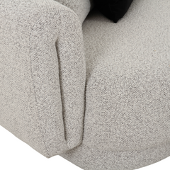 Close-up detail of Alborg Grey Boucle Armchair fabric and armrest, textured boucle upholstery, modern accent chair by Vertue Furniture