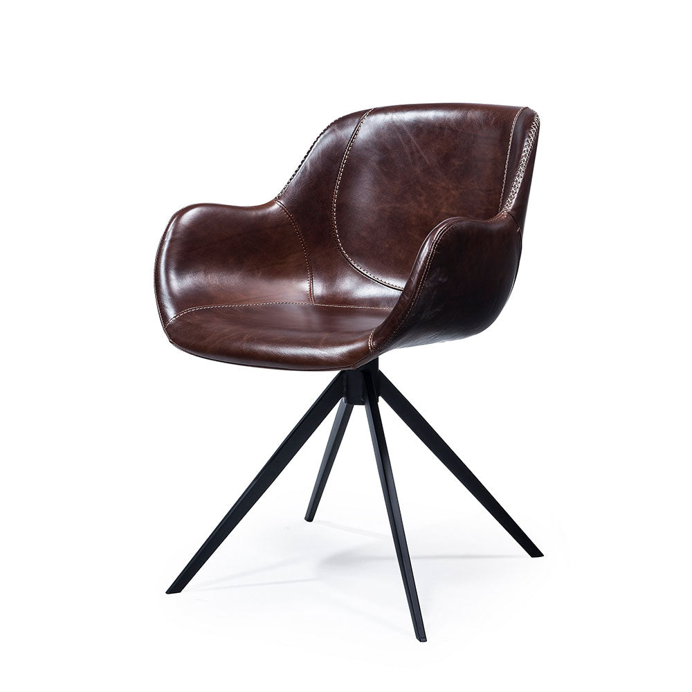 Vili dining chair in waxed brown leather with swivel metal legs