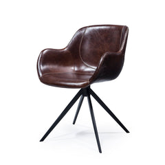 Vili dining chair in waxed brown leather with swivel metal legs