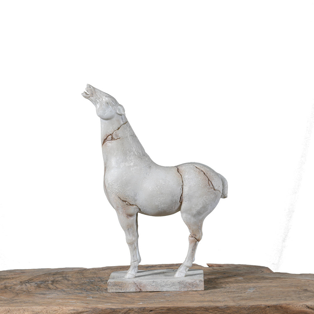 White resin statue of white war horse (side view)