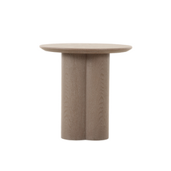 Contemporary Wyler round side table with sculptural petal-shaped base, a stylish end table for bedrooms or living areas.
