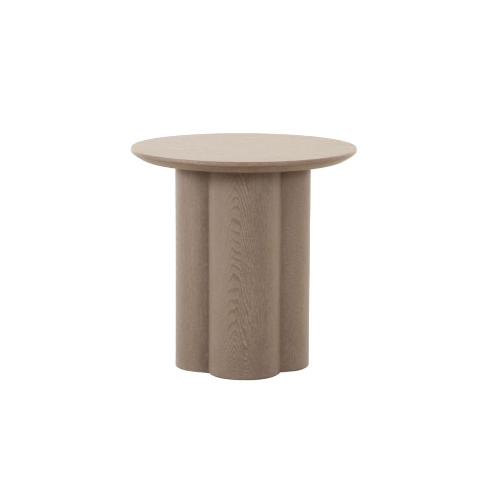 Wyler side table with round top and sculptural petal-inspired legs, a modern accent table for stylish living rooms.