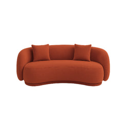 The Zoi 2-Seater Sofa in rich burnt orange bouclé fabric, designed with a contemporary curved silhouette and matching cushions, adding warmth and character to any space.
