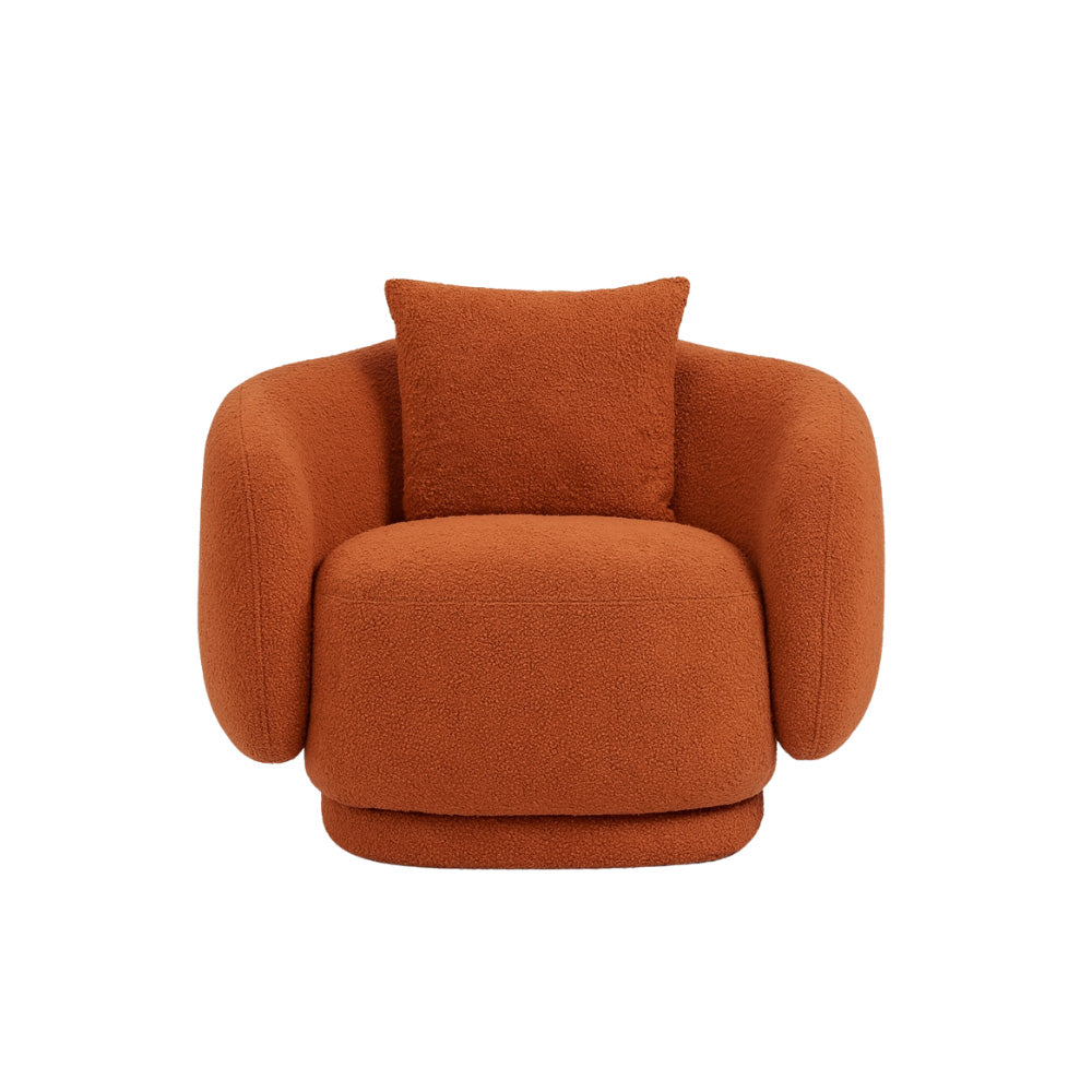 The Zoi Swivel Chair in bold burnt orange bouclé upholstery, with an inviting curved form and 360-degree swivel base, adding a warm accent to any modern room.