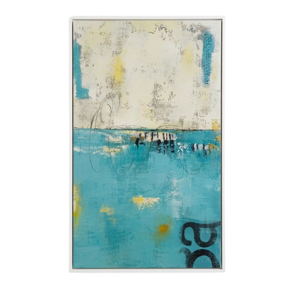 An abstract canvas wall art print featuring a textured composition with a dominant turquoise blue lower half, a cream and gray upper half, and small yellow and black accents.