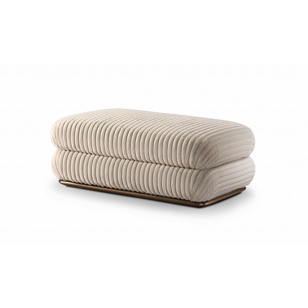 Anders luxury bench with solid wood frame in brass finish and soft plush upholstery, premium quality designer accent bench for living rooms and bedrooms.