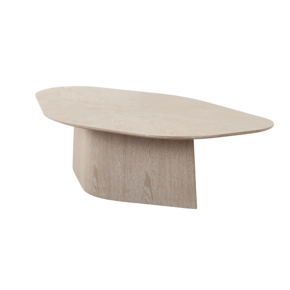 Front view of the Angeli Coffee Table featuring a modern geometric base and light washed MDF veneer finish, styled in a minimalist living room.