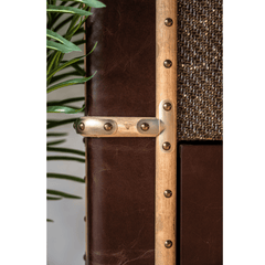 Antique style tallboy trunk chest featuring leather-wrapped frame, studded metal details, and heritage craftsmanship