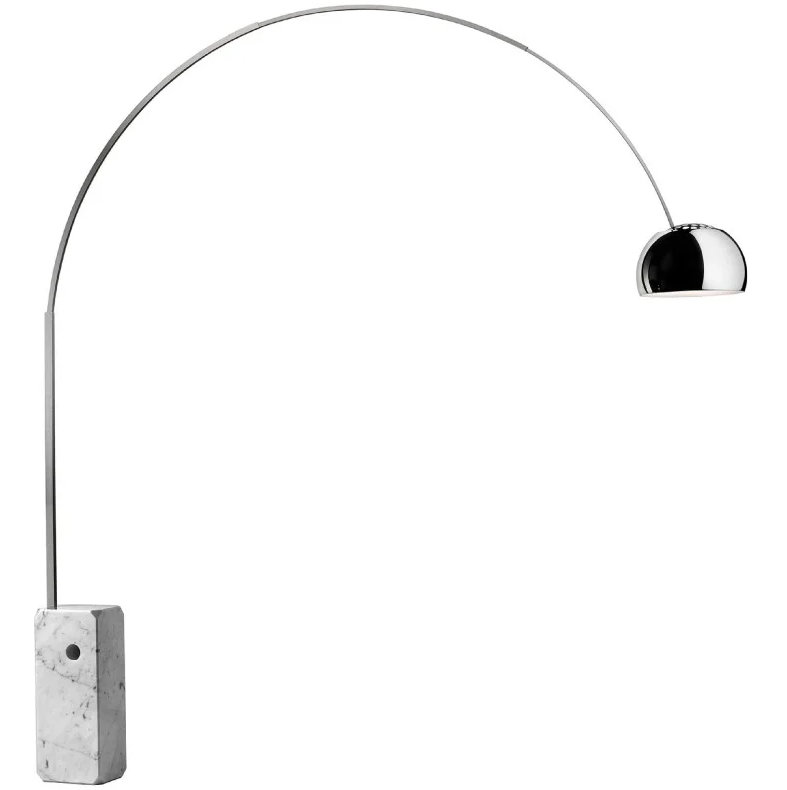 Arc floor lamp with solid marble base and chrome dome shade, luxury modern lighting for living rooms