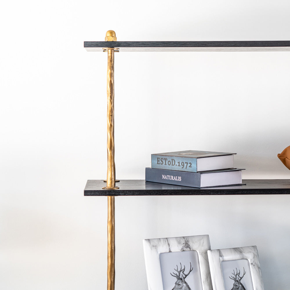 182cm modern display unit with forged iron supports and ashwood shelves, tall 5-tier open storage shelf
