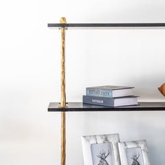 182cm modern display unit with forged iron supports and ashwood shelves, tall 5-tier open storage shelf