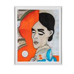 A framed art print featuring a stylized portrait of Frida Kahlo in profile, with bold blocks of orange, black, blue, beige, and white. The artwork is presented in a white frame against a clean white background.