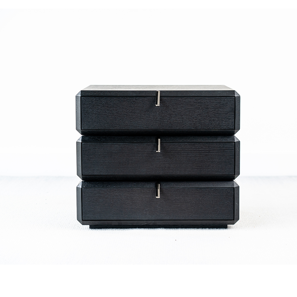 Bedside table with two rotating drawers and fixed base, modern black wood nightstand with storage