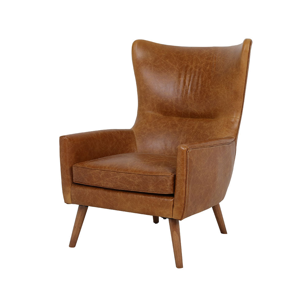 Benwick High-Back Armchair in premium Brazilian leather with solid wood frame, dark weathered rubber wood legs, mid-century modern luxury accent chair