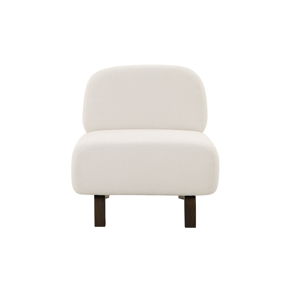 Birtic Armchair in boucle fabric with armless design, wide seating, and solid timber frame, modern luxury style.
